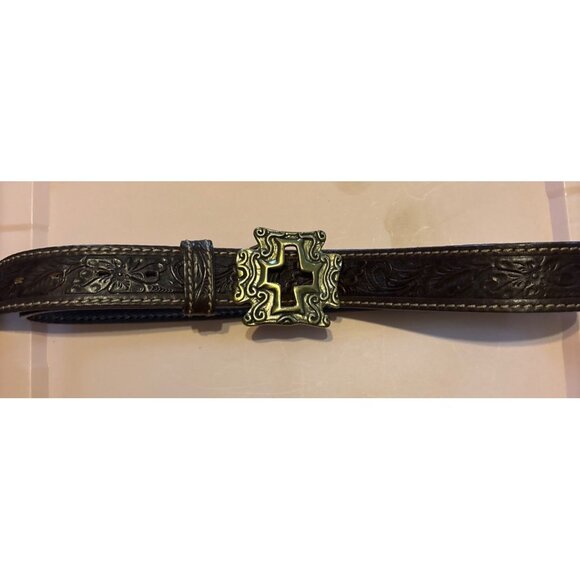 Tony Lama 34L Tooled Leather Belt With Cross Cutout Brass Buckle Made In USA - Picture 7 of 9